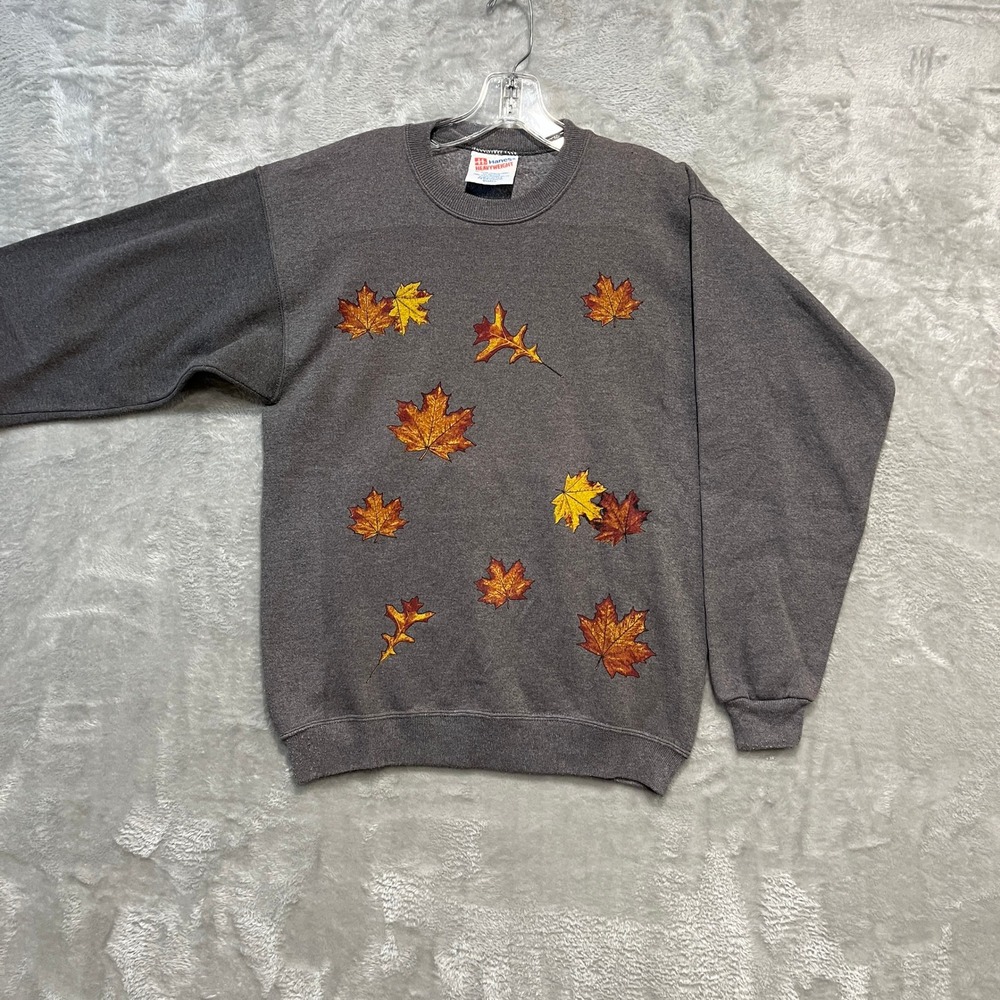 Vintage Hanes Sweatshirt Men S Gray Autumn Leaves Graphic Crewneck Heavyweight